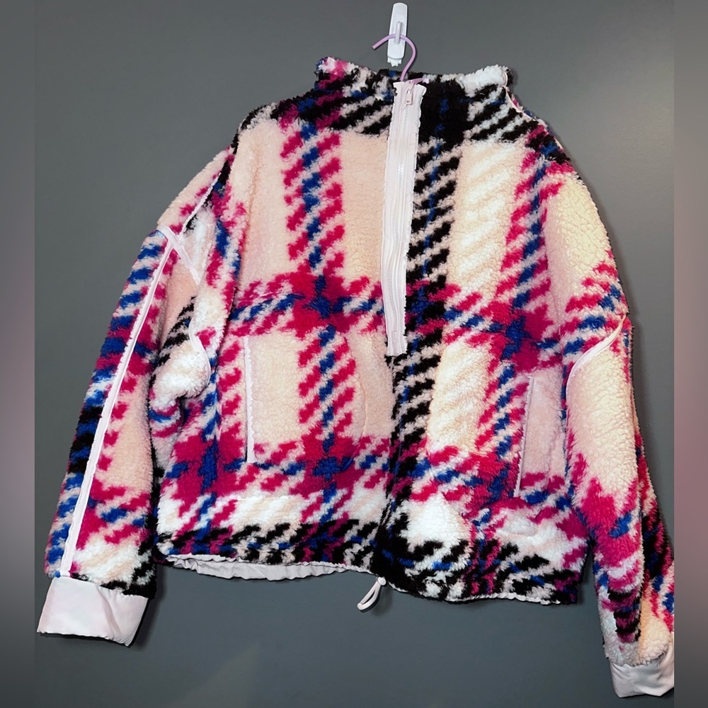 SO XXL Oversized Sherpa Fleece Pullover Plaid Zip High Neck Cozy Jacket - Picture 4 of 11